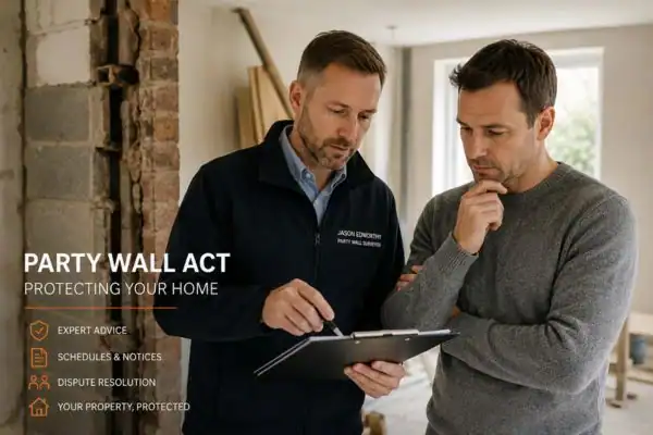 Party wall surveyor Brent discussing extension plans with homeowner outside a UK semi-detached house.